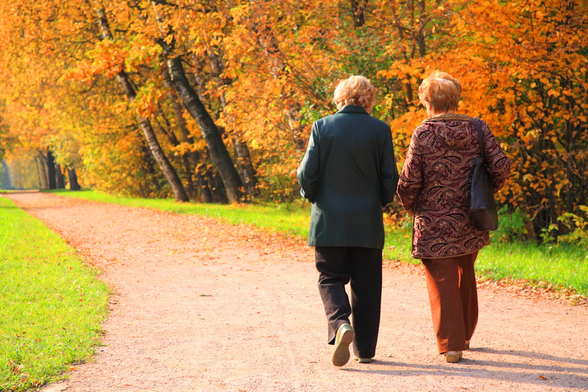 Two elderly women in park in autumn